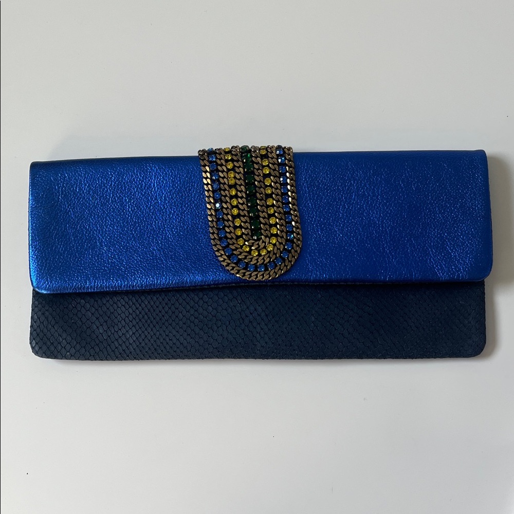 Anthropologie - Nanni Blue Snake Embossed Leather Clutch with Chain Accent